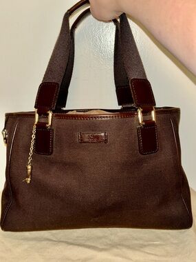 Gucci Brown Canvas Tote with Gold-Tone Charm. Vintage and Authentic